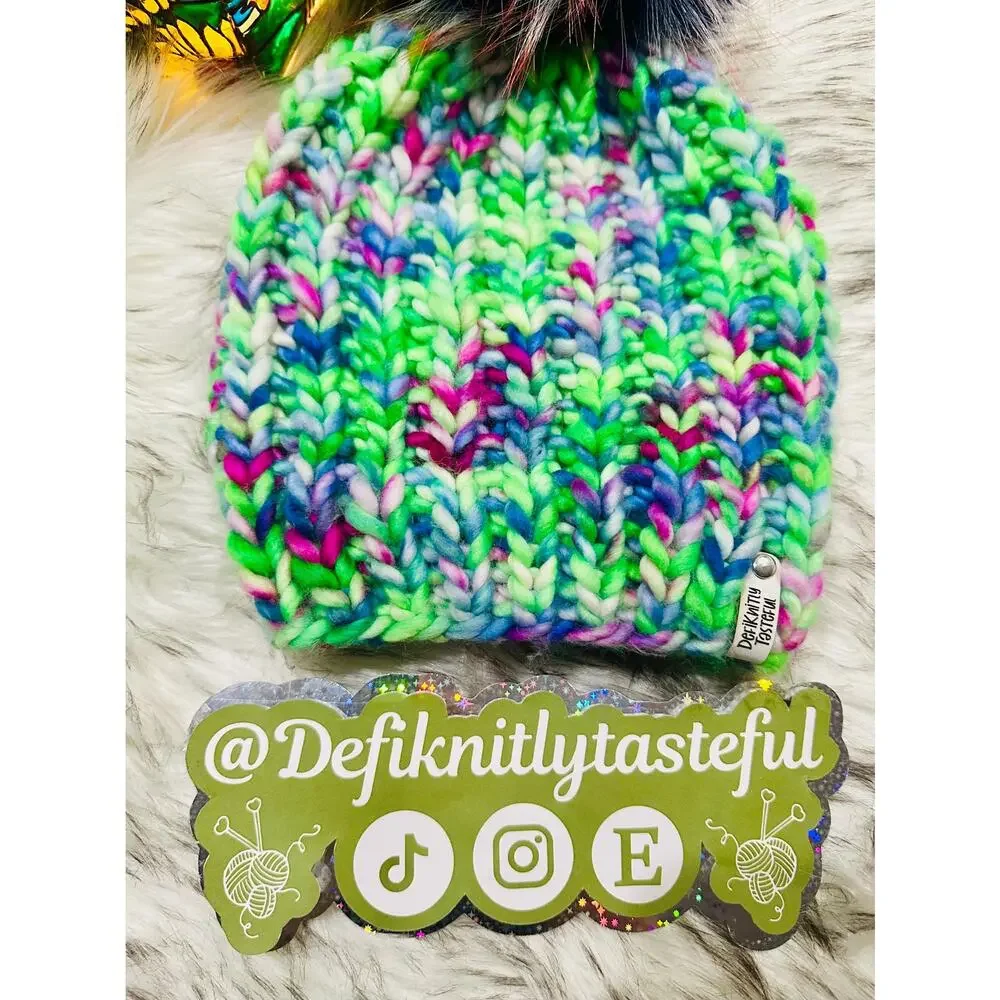 Hand Knit Merino Wool Beanie: DefiKnitly Tasteful Knit Hat with Faux Fur Pom